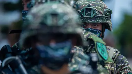 A Taiwanese soldier stands in a line during the Han Kuang military exercise,